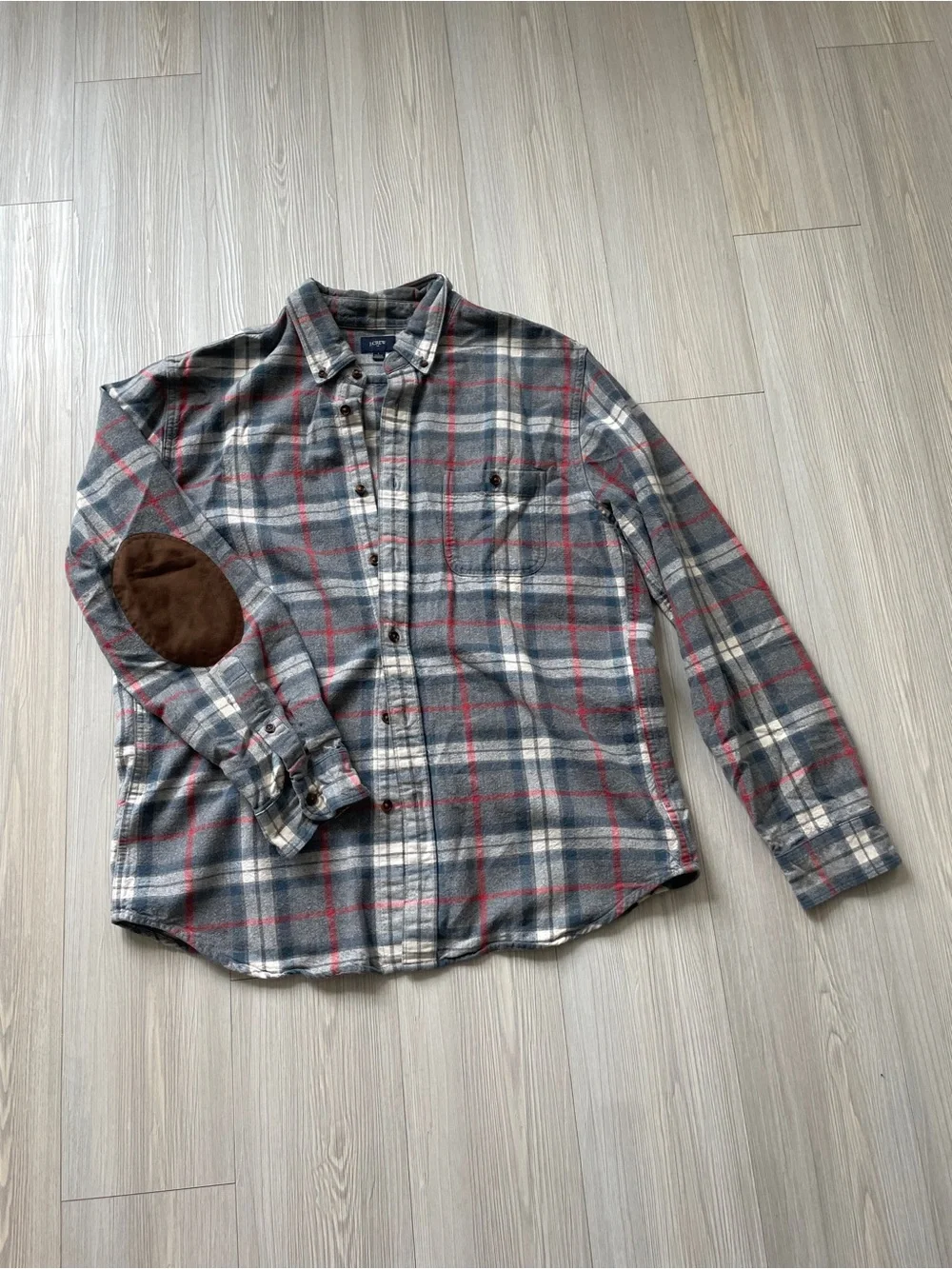 J. Crew Gray Plaid Button-Down Shirt with Red Accents